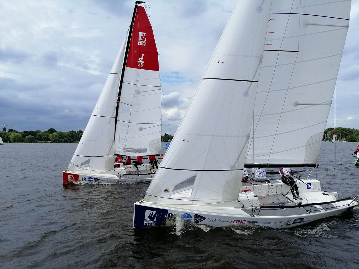 Two J/70 keelboats racing on the Alster in Hamburg